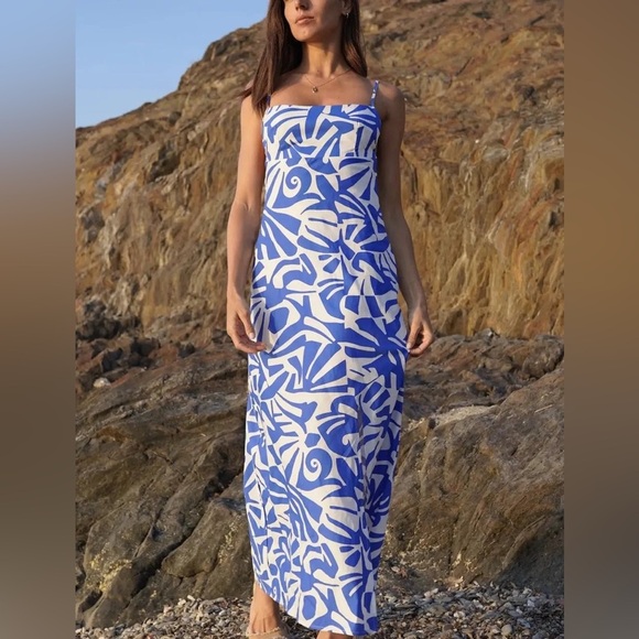 GOA Paris Blue and White Ikat Print  Maxi Dress Cotton Excellent Size M - Picture 2 of 10